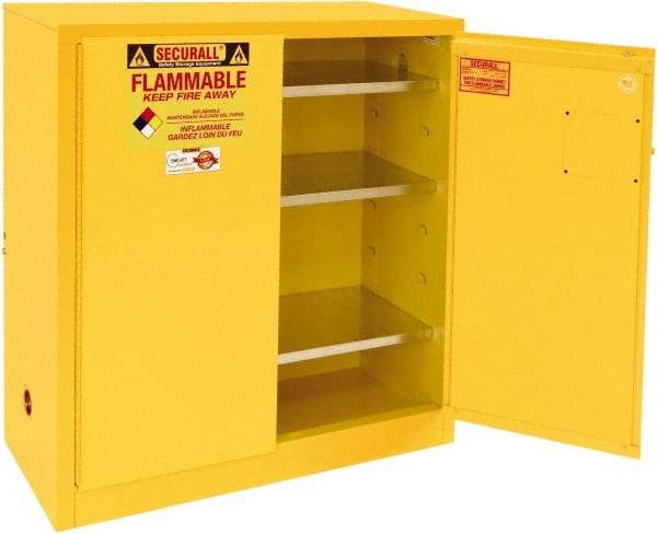 Securall Cabinets - 2 Door, 3 Shelf, Yellow Steel Standard Safety Cabinet for Flammable and Combustible Liquids - 44" High x 43" Wide x 18" Deep, Manual Closing Door, 3 Point Key Lock, 40 Gal Capacity - Strong Tooling