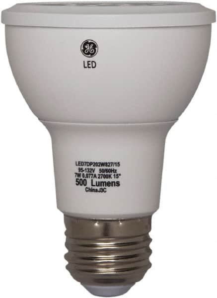 GE Lighting - 7 Watt LED Flood/Spot Medium Screw Lamp - 3,000°K Color Temp, 520 Lumens, 120 Volts, Dimmable, PAR20, 25,000 hr Avg Life - Strong Tooling