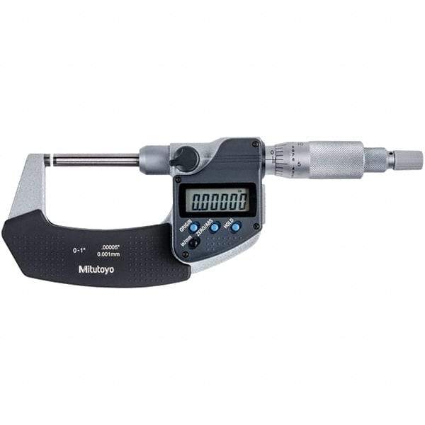 Mitutoyo - 0 to 1" Range, 0.00005" Resolution, Non-Rotating Throat Electronic Outside Micrometer - 0.00015" Accuracy, Ratchet Stop Thimble, Carbide-Tipped Face, SR44 Battery - Strong Tooling