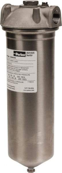 Parker - 3/4 Inch Pipe, FNPT End Connections, 10 Inch Long Cartridge, 12-3/4 Inch Long, Cartridge Filter Housing with Pressure Relief - 1 Cartridge, 5 Max GPM Flow Rate, 150 psi Max Working Pressure, 316 Grade - Strong Tooling