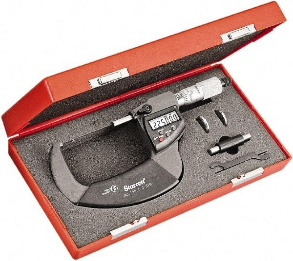 Starrett - 2 to 3" Range, Standard Throat IP67 Electronic Outside Micrometer - Ratchet Stop Thimble, Carbide Face, CR2032 Battery - Strong Tooling