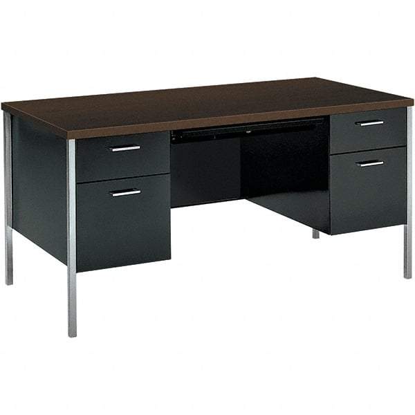 Hon - Woodgrain Laminate Double Pedestal Desk with Center Drawer - 60" Wide x 30" Deep x 29-1/2" High, Mocha/Black - Strong Tooling