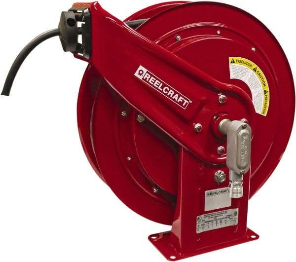 Reelcraft - 12 AWG, 75' Cable Length, Cord & Cable Reel with Flying Lead End - 0 Outlets, 20 Amps, 125 Volts, SEOOW Cable, Red Reel, Spring Driven Reel - Strong Tooling