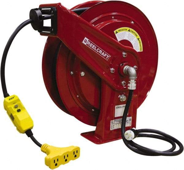 Reelcraft - 12 AWG, 100' Cable Length, Cord & Cable Reel with Triple-Tap with GFCI End - 3 Outlets, NEMA 5-15R, 15 Amps, 125 Volts, SEOOW Cable, Red Reel, Spring Driven Reel - Strong Tooling