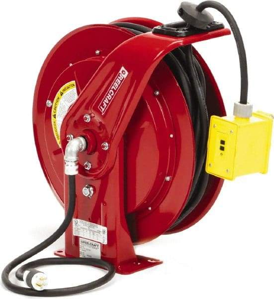 Reelcraft - 12 AWG, 100' Cable Length, Cord & Cable Reel with Duplex GFCI Outlet Box End - 2 Outlets, NEMA 5-20R, 20 Amps, 125 Volts, SEOOW Cable, Red Reel, Spring Driven Reel - Strong Tooling