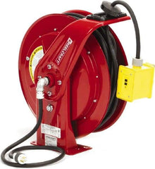 Reelcraft - 12 AWG, 100' Cable Length, Cord & Cable Reel with Duplex GFCI Outlet Box End - 2 Outlets, NEMA 5-15R, 15 Amps, 125 Volts, SEOOW Cable, Red Reel, Spring Driven Reel - Strong Tooling