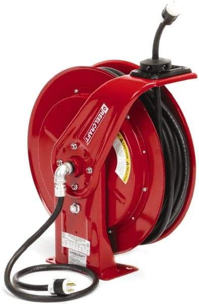 Reelcraft - 12 AWG, 100' Cable Length, Cord & Cable Reel with Outlet End - 1 Outlet, NEMA 5-20R, 20 Amps, 125 Volts, SEOOW Cable, Red Reel, Spring Driven Reel - Strong Tooling