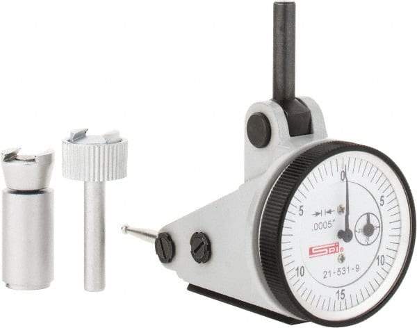 SPI - 0.06" Range, 0.0005" Dial Graduation, Vertical Dial Test Indicator - 1-3/16" White Dial, 0-15-0 Dial Reading, Accurate to 0.0012" - Strong Tooling