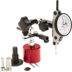 SPI - 9 Piece, 0" to 0.06" Measuring Range, 1-1/2" Dial Diam, 0-15-0 Dial Reading, White Dial Test Indicator Kit - 0.0012" Accuracy, 0.86" Contact Point Length, 0.079" Ball Diam, 0.0005" Dial Graduation - Strong Tooling