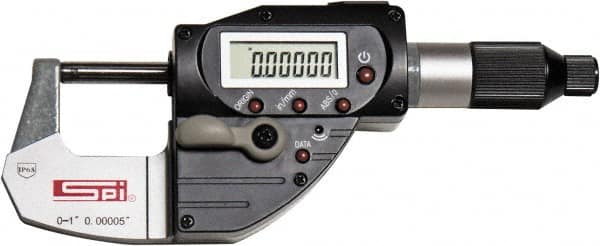 SPI - 0 to 1" Range, 0.00005" Resolution, IP65 Electronic Outside Micrometer - 0.00015" Accuracy, CR2032 Battery - Strong Tooling