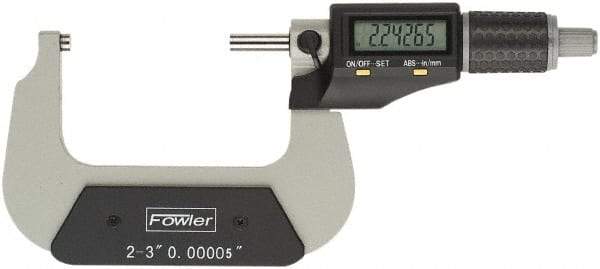 Fowler - 2 to 3" Range, 0.00005" Resolution, Standard Throat IP54 Electronic Outside Micrometer - 0.0002" Accuracy, Ratchet Stop Thimble, Carbide Face, CR2032 Battery - Strong Tooling