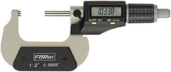 Fowler - 1 to 2" Range, 0.00005" Resolution, Standard Throat IP54 Electronic Outside Micrometer - 0.00016" Accuracy, Ratchet Stop Thimble, Carbide Face, CR2032 Battery - Strong Tooling