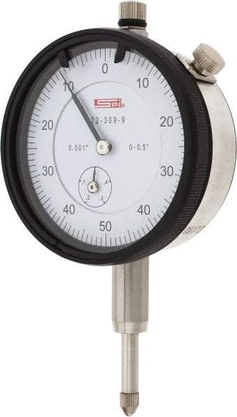 SPI - 1/2" Range, 0-50-0 Dial Reading, 0.001" Graduation Dial Drop Indicator - 2.2" Dial, 0.1" Range per Revolution, 0.002" Accuracy, Revolution Counter, Includes NIST Traceability Certification - Strong Tooling