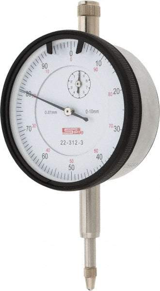 SPI - 10mm Range, 0-100 Dial Reading, 0.01mm Graduation Dial Drop Indicator - 58mm Dial, 1mm Range per Revolution, 0.02mm Accuracy, Revolution Counter, Includes NIST Traceability Certification - Strong Tooling