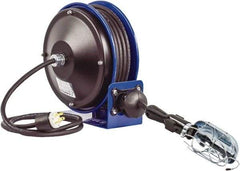 CoxReels - 16 AWG, 30' Cable Length, Cord & Cable Reel with Incandescent Hand Lamp with Tool Tap Plug End - 1 Outlet, NEMA 5-15R, 13 Amps, 115 Volts, SJTO Cable, Blue Reel, Spring Driven Reel - Strong Tooling