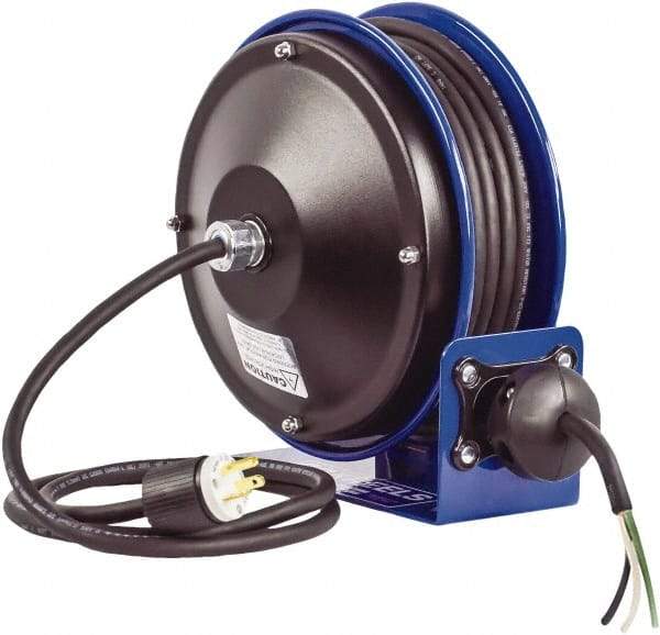 CoxReels - 16 AWG, 30' Cable Length, Cord & Cable Reel with Bare End - 0 Outlets, 13 Amps, 300 Volts, SJO Cable, Blue Reel, Spring Driven Reel - Strong Tooling