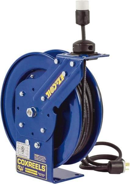 CoxReels - 16 AWG, 50' Cable Length, Cord & Cable Reel with Outlet End - 1 Outlet, NEMA 5-15R, 13 Amps, 115 Volts, SJO Cable, Blue Reel, Spring Driven Reel - Strong Tooling