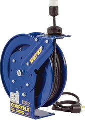 CoxReels - 16 AWG, 50' Cable Length, Cord & Cable Reel with Fluorescent Angle Light with Tool Tap Plug End - 1 Outlet, 13 Amps, 115 Volts, SJTO Cable, Blue Reel, Spring Driven Reel - Strong Tooling