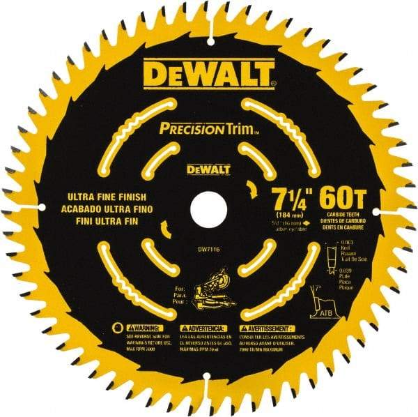 DeWALT - 7-1/4" Diam, 5/8" Arbor Hole Diam, 60 Tooth Wet & Dry Cut Saw Blade - Tungsten Carbide-Tipped, Smooth Action, Standard Round Arbor - Strong Tooling