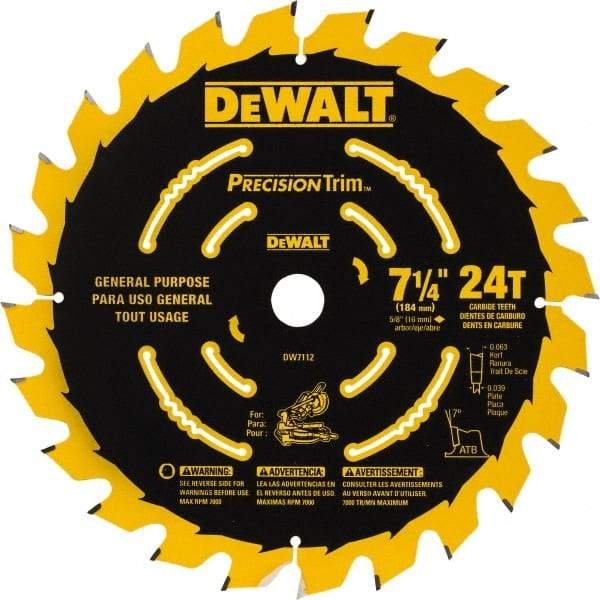 DeWALT - 7-1/4" Diam, 5/8" Arbor Hole Diam, 24 Tooth Wet & Dry Cut Saw Blade - Tungsten Carbide-Tipped, Smooth Action, Standard Round Arbor - Strong Tooling