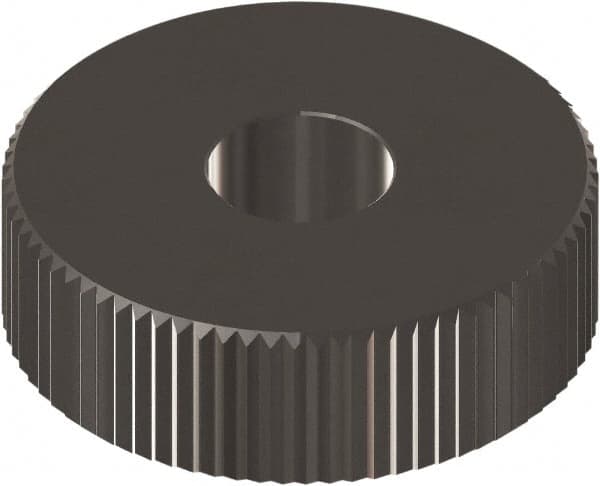 Made in USA - 3/4" Diam, 90° Tooth Angle, 16 TPI, Beveled Face, Form Type Cobalt Straight Knurl Wheel - 3/8" Face Width, 1/4" Hole, Circular Pitch, 0° Helix, Ferritic Nitrocarburizing Finish, Series KP - Exact Industrial Supply