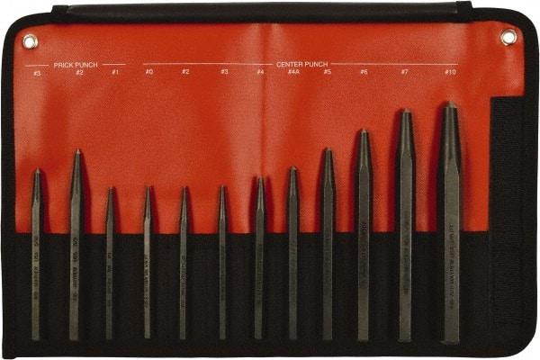 Mayhew - 12 Piece, 3/32 to 3/8", Center & Prick Punch Set - Hex Shank, Steel, Comes in Kit Bag - Strong Tooling