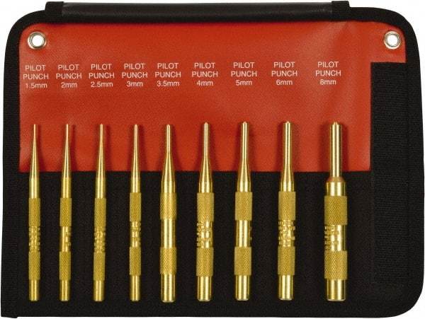 Mayhew - 9 Piece, 1.5 to 10mm, Pin Punch Set - Round Shank, Brass, Comes in Kit Bag - Strong Tooling