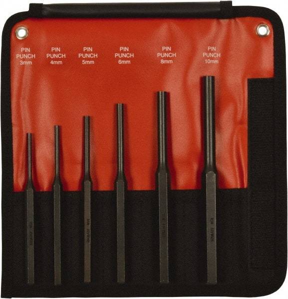 Mayhew - 6 Piece, 3 to 10mm, Pin Punch Set - Hex Shank, Steel, Comes in Kit Bag - Strong Tooling