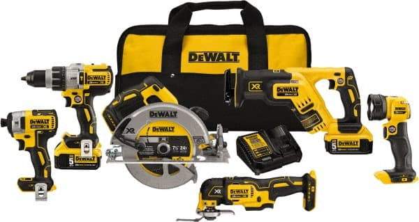 DeWALT - 20 Volt Cordless Tool Combination Kit - Includes 1/2" Brushless Hammerdrill, 1/4" Brushless Impact Driver, Brushless Reciprocating Saw, 7-1/2" Brushless Circular Saw, Oscillating Tool & LED Worklight, Lithium-Ion Battery Included - Strong Tooling