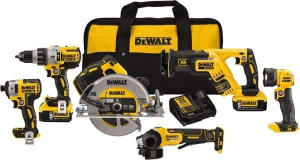 DeWALT - 20 Volt Cordless Tool Combination Kit - Includes 1/2" Brushless Hammerdrill, 1/4" Brushless Impact Driver, Brushless Reciprocating Saw, 7-1/2" Brushless Circular Saw, Cut-Off Tool/Grinder & LED Worklight, Lithium-Ion Battery Included - Strong Tooling