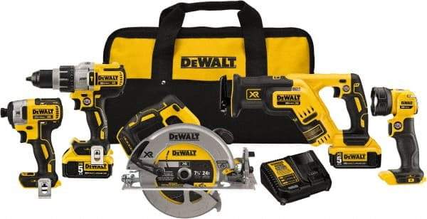 DeWALT - 20 Volt Cordless Tool Combination Kit - Includes 1/2" Brushless Hammerdrill, 1/4" Brushless Impact Driver, Brushless Reciprocating Saw, 7-1/2" Brushless Circular Saw & LED Worklight, Lithium-Ion Battery Included - Strong Tooling