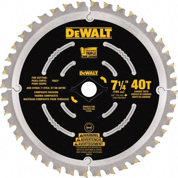 DeWALT - 7-1/4" Diam, 15.88mm Arbor Hole Diam, 40 Tooth Wet & Dry Cut Saw Blade - Steel, Framing Action, Standard Round Arbor - Strong Tooling