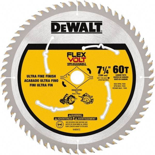 DeWALT - 7-1/4" Diam, 15.88mm Arbor Hole Diam, 60 Tooth Wet & Dry Cut Saw Blade - Steel, Smooth Action, Standard Round Arbor - Strong Tooling