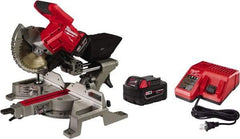 Milwaukee Tool - 5 Amp, 18 Volt, 5,000 RPM, 49° Left & Right Double Bevel Sliding Miter Saw - 5/8" Arbor, 7-1/4" Blade Diam, Includes Blade Wrench, Blade, Battery Pack & Battery Charger - Strong Tooling