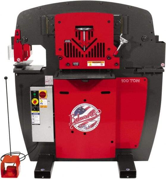 Edwards Manufacturing - 11" Throat Depth, 100 Ton Punch Pressure, 1-1/16" in 1" Punch Capacity Ironworker - 7-1/2 hp, 3 Phase, 460 Volts, 56-1/8" Wide x 61-11/16" High x 45" Deep - Strong Tooling