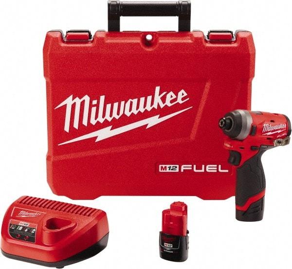 Milwaukee Tool - 1/4" Drive 12 Volt Pistol Grip Cordless Impact Wrench & Ratchet - 3,300 RPM, 0 to 4,000 BPM, 1,300 Ft/Lb Torque, 2 Lithium-Ion Batteries Included - Strong Tooling