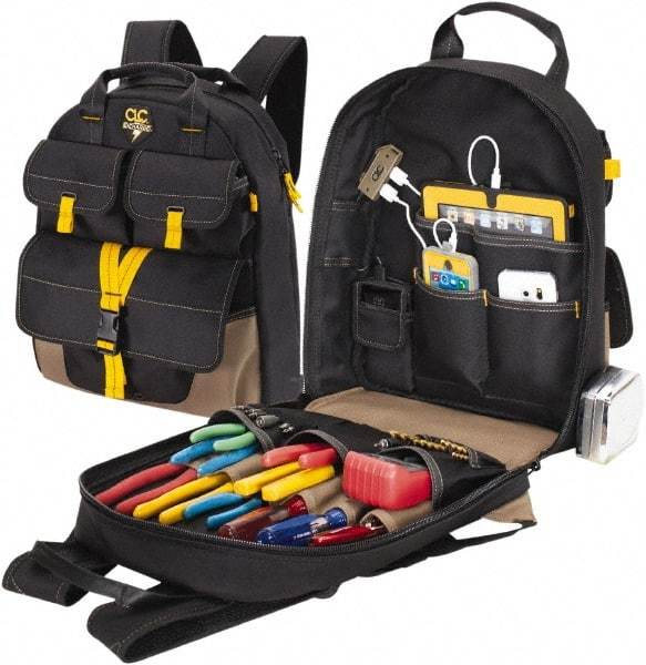 CLC - 23 Pocket Black & Khaki Polyester Backpack Tool Bag - 14" Wide x 6" Deep x 18-3/4" High - Strong Tooling