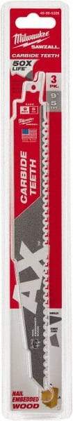 Milwaukee Tool - 9" Long x 1" Thick, Carbide Reciprocating Saw Blade - Tapered Profile, 6 TPI, Toothed Edge, Universal Shank - Strong Tooling