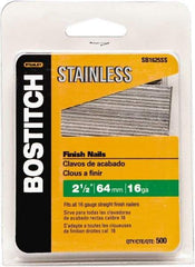 Stanley Bostitch - 16 Gauge 1/16" Shank Diam 2-1/2" Long Finishing Nails for Power Nailers - Stainless Steel, Smooth Shank, Straight Stick Adhesive Collation, Round Head, Chisel Point - Strong Tooling