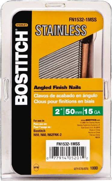 Stanley Bostitch - 15 Gauge 0.07" Shank Diam 1-1/2" Long Finishing Nails for Power Nailers - Stainless Steel, Smooth Shank, Angled Stick Adhesive Collation, Round Head, Chisel Point - Strong Tooling