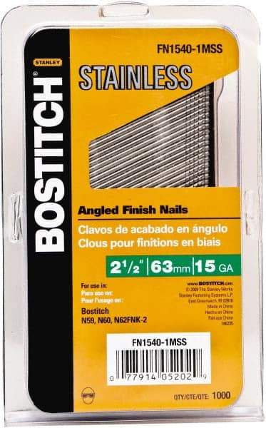 Stanley Bostitch - 15 Gauge 0.07" Shank Diam 2-1/2" Long Finishing Nails for Power Nailers - Stainless Steel, Smooth Shank, Angled Stick Adhesive Collation, Round Head, Chisel Point - Strong Tooling