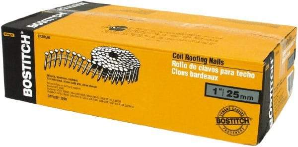 Stanley Bostitch - 13 Gauge 1" Long Roofing Nails for Power Nailers - Steel, Galvanized Finish, Smooth Shank, Coil Wire Collation, Round Head, Diamond Point - Strong Tooling