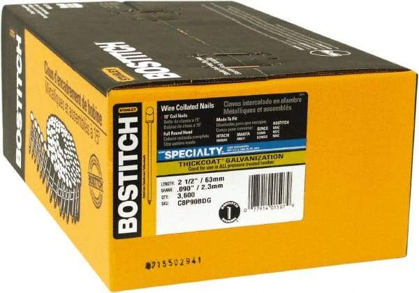 Stanley Bostitch - 13 Gauge 2-1/2" Long Siding Nails for Power Nailers - Steel, Galvanized Finish, Smooth Shank, Coil Wire Collation, Round Head, Blunt Diamond Point - Strong Tooling