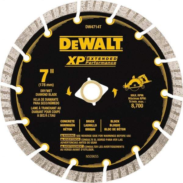 DeWALT - 7" Diam, 5/8" Arbor Hole Diam, 14 Tooth Wet & Dry Cut Saw Blade - Diamond Matrix, Fast Cutting Action, Standard Round Arbor - Strong Tooling