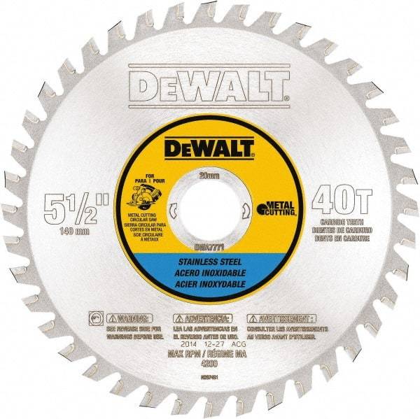 DeWALT - 5-1/2" Diam, 25/32" Arbor Hole Diam, 40 Tooth Wet & Dry Cut Saw Blade - Steel, Crosscutting Action, Standard Round Arbor - Strong Tooling