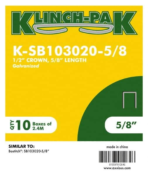 Klinch-Pak - 5/8" Long x 1/2" Wide, 0 Gauge Narrow Crown Construction Staple - Steel, Galvanized Finish, Chisel Point - Strong Tooling