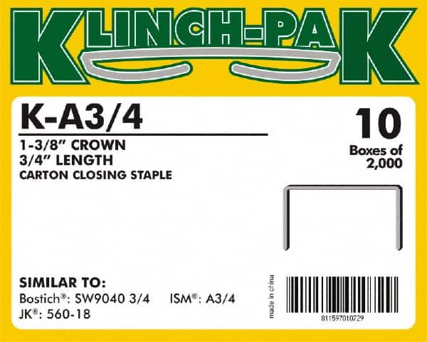 Klinch-Pak - 3/4" Long x 1-3/8" Wide, 0 Gauge Wide Crown Construction Staple - Steel, Copper Finish, Chisel Point - Strong Tooling