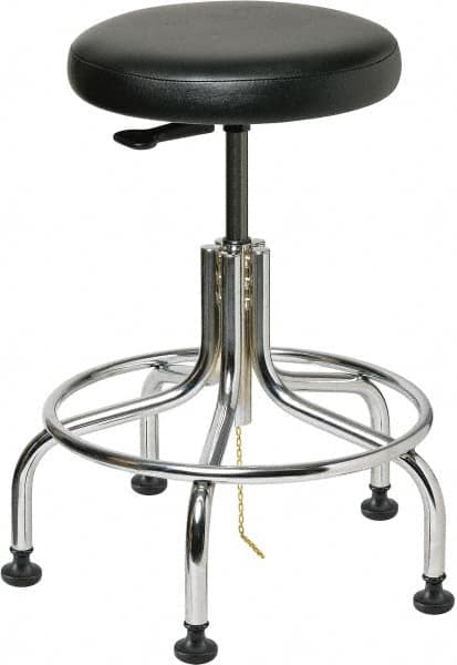 Bevco - 22" Wide x 22" Deep x 19 to 24" High, Steel Base, Versa ESD Backless Adjustable Height Swivel Stool with Chrome Steel Base - Vinyl Seat, Black, Footring, Mushroom Glides - Strong Tooling