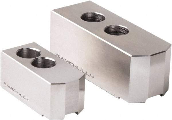 Samchully - 304mm Max Chuck Capacity, 1.5mm x 60° Serrated Interface, Square Soft Lathe Chuck Jaw - 3 Jaw, Steel, 30mm Btw Mount Hole Ctrs, 129mm Long, 50mm Wide, 50mm High, 18mm Groove, M14mm Fastener - Strong Tooling