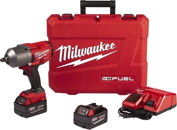 Milwaukee Tool - 1/2" Drive 18 Volt Pistol Grip Cordless Impact Wrench & Ratchet - 1,800 RPM, 0 to 2,400 BPM, 750 Ft/Lb Torque, 2 Lithium-Ion Batteries Included - Strong Tooling